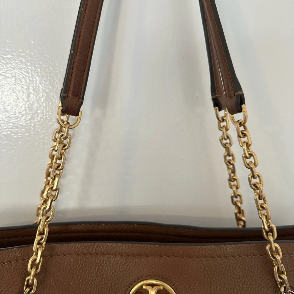 Tory Burch Cognac Pebbled Leather Tote with Gold Logo Chain